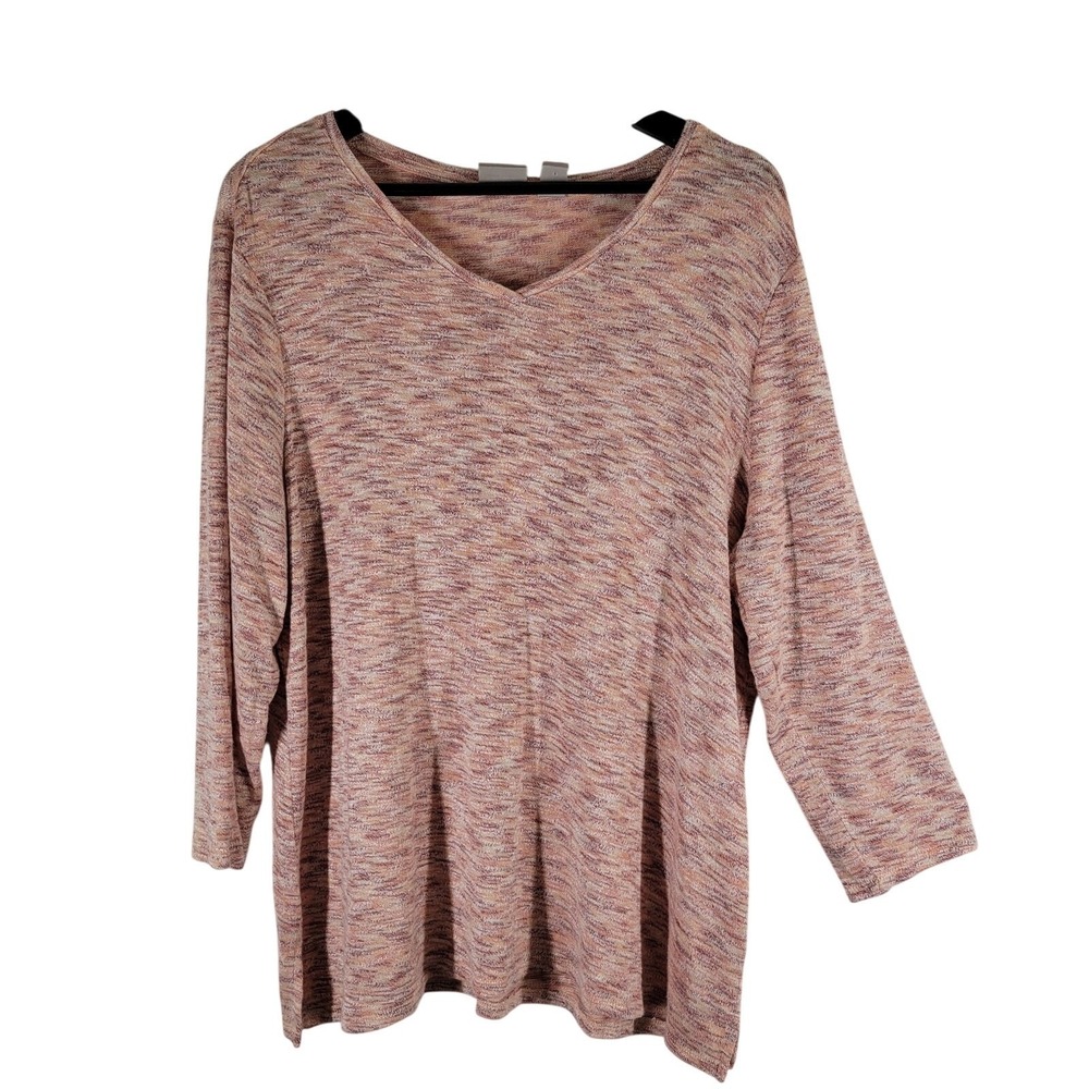 Chico's V-Neck Knit Top Women Size 2 Pink Marled 3/4 Sleeve Space Dye Pullover